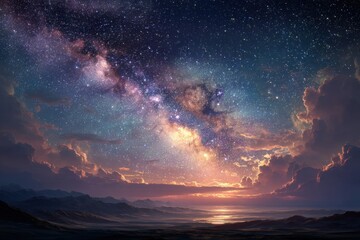 Fototapeta premium Glorious view of the Milky Way, shimmering stars above a twilight horizon with soft clouds casting a dreamy, surreal scene at nighttime