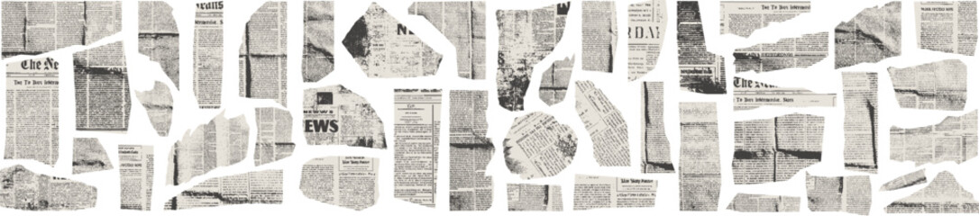 Torn crumpled vintage newspaper paper elements. Old ripped press clippings bg with halftone tone and grain effect. Grunge vector shapes for retro scrapbook, collage, poster design .