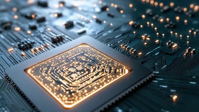 Glowing microchip circuit on motherboard with warm lights futuristic electronics semiconductor