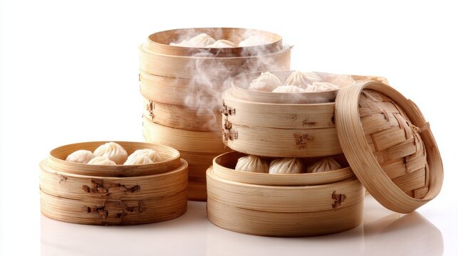Steaming bamboo baskets filled with fresh white dumplings, traditional Asian dim sum ready to serve in authentic handwoven steamers on white background - Powered by Adobe