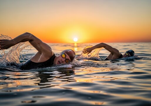 Two swimmers in open water at sunset, training for a triathlon