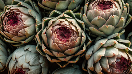 Fototapeta premium A close up shot of multiple artichokes with a red center and green leaves in a tight formation