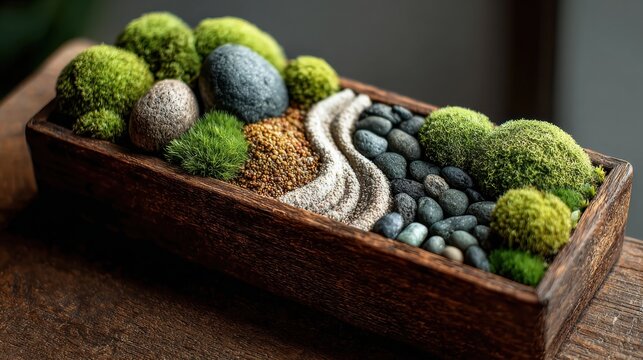 Serene tabletop zen garden featuring stacked stones, moss, and raked sand on wood