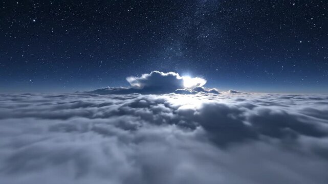Majestic Night Flight Over Illuminated Clouds and a Starry Galaxy Sky.
