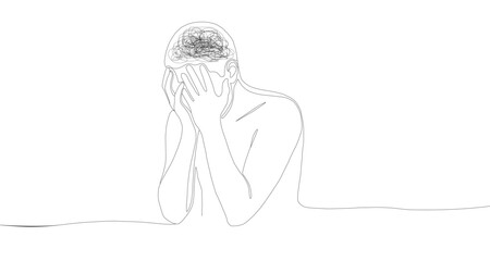 Stress and Anxiety Line Art. Single Line Drawing of Person Experiencing Stress, Anxiety, or Mental Pain with Tangled Brain Pattern