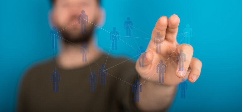 Abstract image representing digital connections, social network, and teamwork, person touching network. Perfect