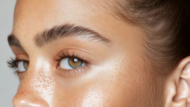 Close up green eye freckle and eyebrow detail with dewy skin glow, glossy green eye close up