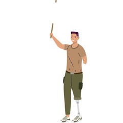 Man With Prosthetic Arm and Leg Holds Stick Upwards With Smile Standing On Transparent Background Caucasian Male With Light Brown Shirt And Dark Green Cargo Pants And White Sneakers