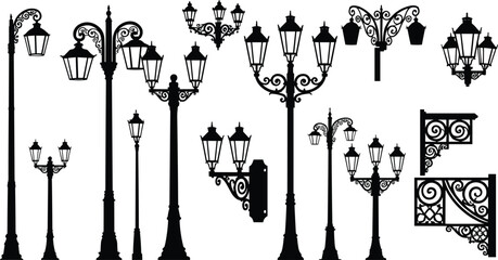 Vintage ornate street lamp silhouettes, decorative wrought iron lantern posts, artistic urban lighting design, architectural inspiration, historical retro city elements