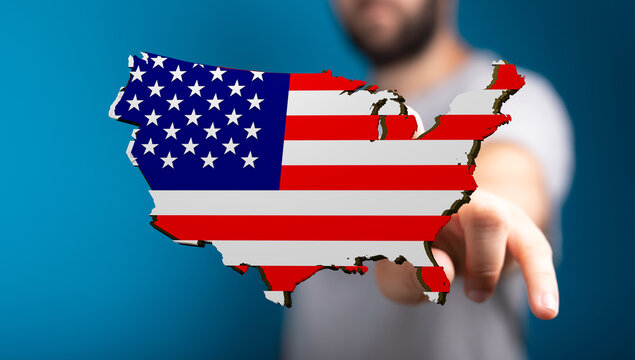 Digital illustration of a man interacting with a US map, perfect for business, technology, and patriotic concepts.