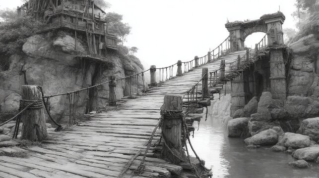 Fototapeta Grayscale drawing of a precarious rope bridge disappearing into fog, built high among rugged rocks and ancient mountains