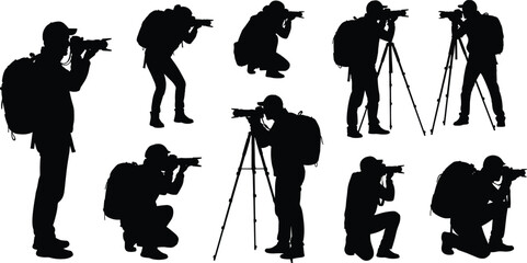 Silhouette of photographers taking pictures with camera and tripod vector illustration, outdoor photography concept, creative professionals, travel lifestyle design, black silhouette art
