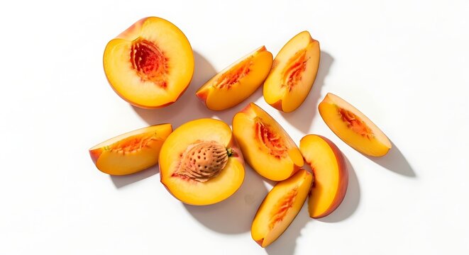 Freshly sliced peaches with visible pit and juicy flesh