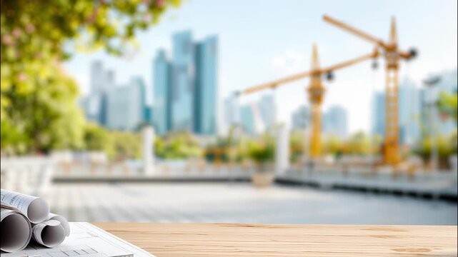 Construction blueprint alongside yellow hard hat, measuring tape, and work tools resting on wooden surface with blurred urban skyline and construction cranes visible video 4k