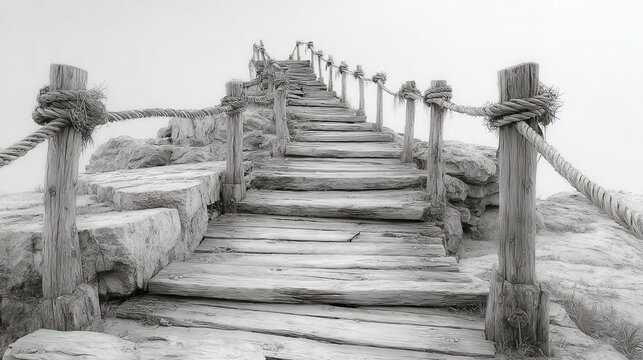 Fototapeta Grayscale drawing of a precarious rope bridge disappearing into fog, built high among rugged rocks and ancient mountains