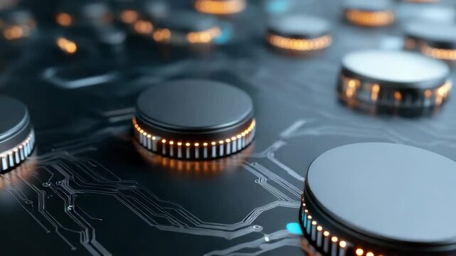 Futuristic circuit board with illuminated round module LEDs, sleek metallic board and glowing round