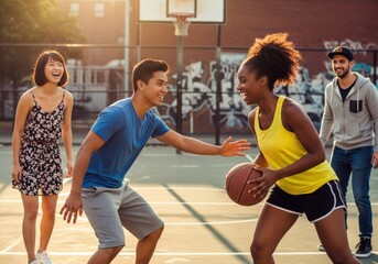 Friends playing basketball on a sunny day at an outdoor court