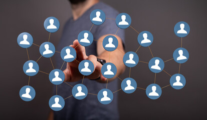 Concept of connection, communication, and networking with linked people icons. Teamwork and unity in a collabor