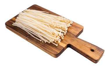 Fresh Enoki mushrooms placed on a wooden cutting board against a white background, ready for cooking Asian cuisine. Kitchen prep concept.