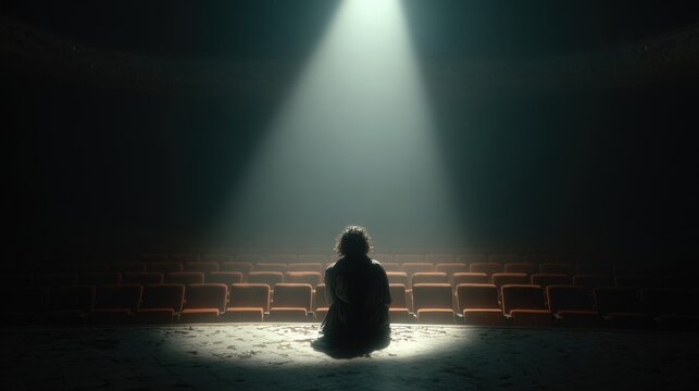 Lone figure sits alone on stage during the night, bathed in light from a bright spotlight in the empty theater, rows of empty seats behind - Powered by Adobe