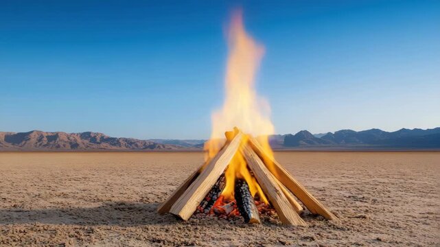 Desert campfire on dry salt flat with warm flame and distant mountain horizon at sunset, warm glow