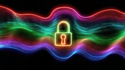 Cybersecurity Neon: An illuminated padlock symbol, symbolizing digital security, overlaid on vibrant, flowing neon waves, signifying data encryption, within a dark environment. - Powered by Adobe