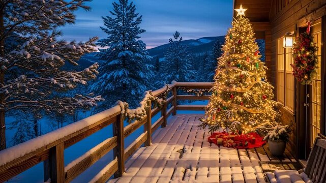 Mountain deck Christmas tree illuminated winter landscape view twilight presents snow wreath cozy spectacular scenic wooden railing cabin lodge festive holiday

