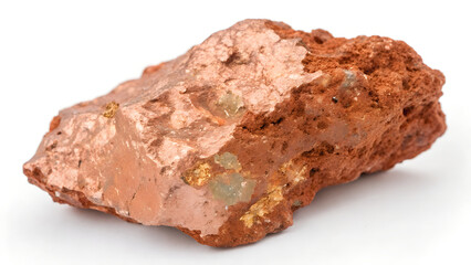 Raw copper ore specimen, a reddishbrown rock with metallic copper deposits on its surface