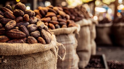Burlap sacks filled with various nuts are displayed at a market. The scene showcases a rich assortment of almonds, walnuts, and hazelnuts.