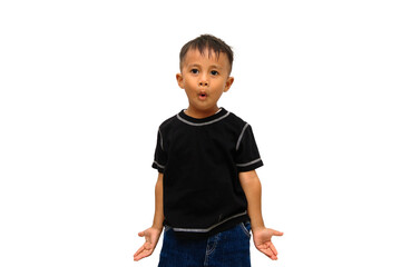 Full-body shot of an Asian boy with a surprised or 
