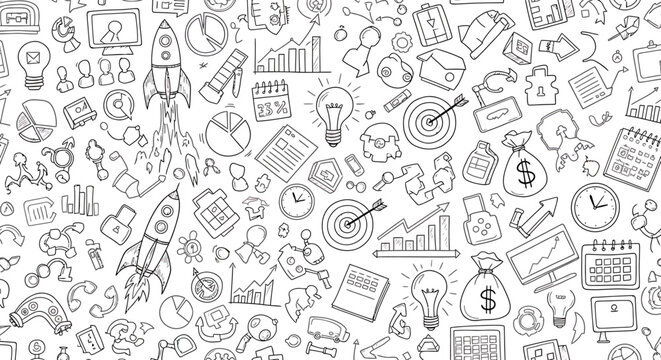 Seamless pattern of hand-drawn business, finance, and technology doodle icons on a white background, representing concepts like startup, innovation, growth, and strategy.