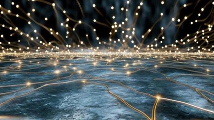 Glowing copper wire light orb and metallic golden fiber optic strands rising across textured floor - Powered by Adobe