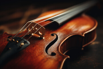 Fototapeta premium Warm wooden violin close-up. Fine craftsmanship and musical artistry. Classical instrument detail.
