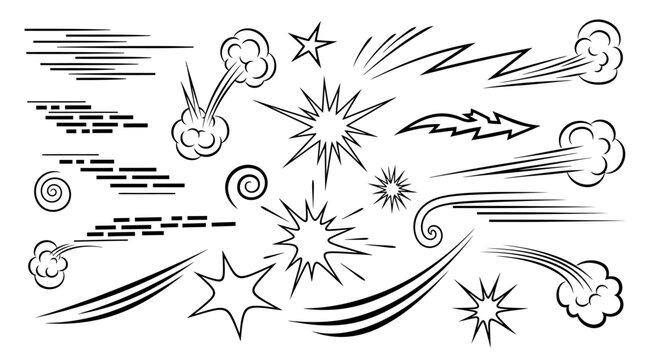 A collection of hand-drawn black and white comic book effects, including speed lines, explosions, and motion clouds.