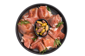 Delicious Charcuterie Board with sliced Prosciutto and a mix of green and black olives. Ideal for menus and food blogs.