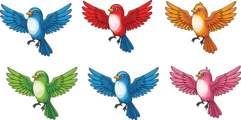 Colorful flying cartoon birds collection, cute animated bird characters in blue, red, orange, green, and pink for children&rsquo;s illustration