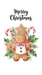 Merry Christmas greeting with gingerbread man cookie and holiday decorations illustration.