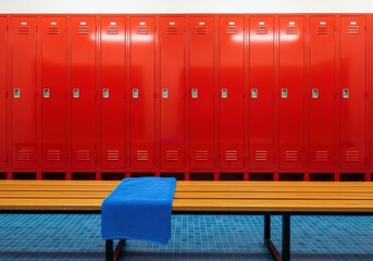 Red lockers in a locker room with a bench and a blue towel