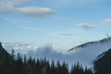 low clouds approaching foggy morning in Carpathians autumn landscape with forest woods and blue sky above 