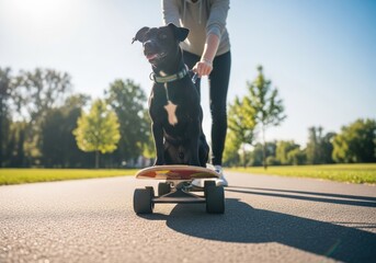 Dog enjoys a skateboard ride on a sunny day in the park with its owner