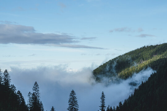low clouds approaching foggy morning in Carpathians autumn landscape with forest woods and blue sky above 