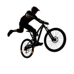 Fototapeta premium Dynamic cyclist soars airborne mid-jump with bike