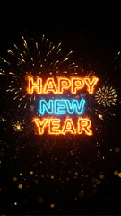 Happy New Year Fire and Neon Text with Fireworks Background