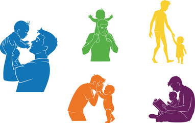 Father and baby illustration set, dad playing and bonding with child, happy parenting concept, fatherhood love and family relationship design