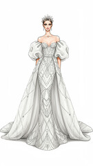 Elegant Fashion Sketch of a Bride in a Beaded Couture Wedding Gown and Tiara