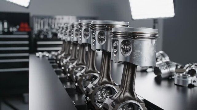 Close up of a row of pistons and connecting rods in a workshop.