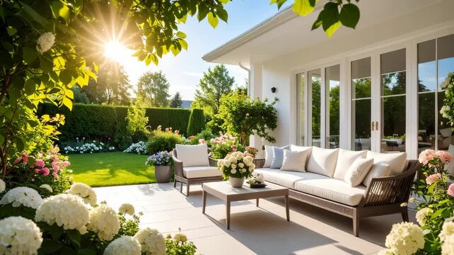 Sunlit patio with modern outdoor furniture surrounded by blooming hydrangeas and lush green garden with a manicured lawn