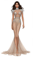 Glamorous Woman in Crystal Embellished Sheer Evening Gown Illustration
