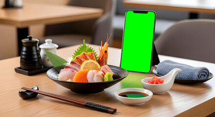 Fresh Kaisendon Sashimi Rice Bowl with Smartphone Mockup in Bright Japanese Restaurant &mdash; Mangkuk Kaisendon Jepang dengan Layar Hijau di Restoran Bokeh Blur Terang