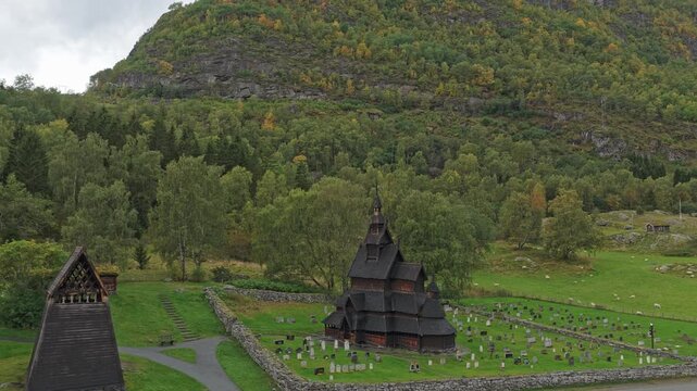 High-angle drone footage of Norway Borgund Stave Church with its medieval wooden details